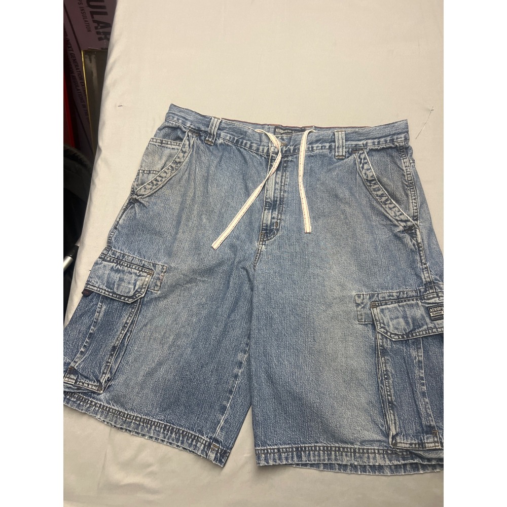 Vtg Aeropostale Mens Cargo Denim Shorts Light Wash Blue Cotton Utility Size 38